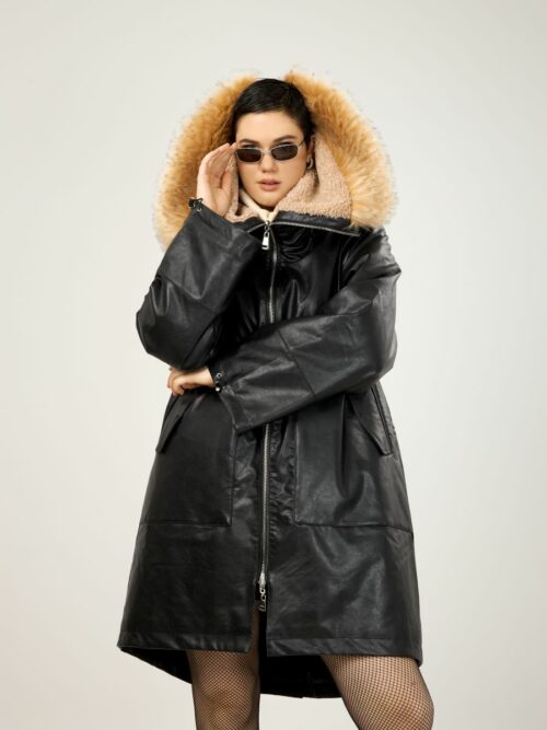 Manteau noir col fourrure - Mat Fashion